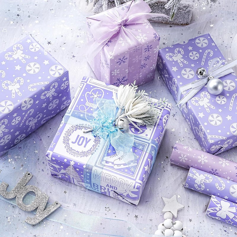LeZakaa Christmas Wrapping Paper Mini Roll - Bell & Tree/Candy Canes/Snowflakes Design in Light Purple for Gift Wrap, Arts Crafts - 17 x 120 inches - 3 Rolls (42.5 sq.ft.ttl.) - Image 5